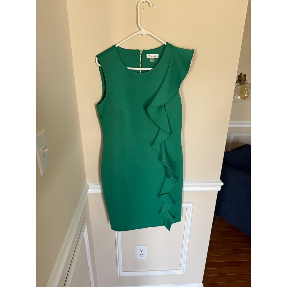 Green Preppy Ruffle Side Calvin Klein *HEMMED* Midi Length Dress Summer Formal - Picture 2 of 14